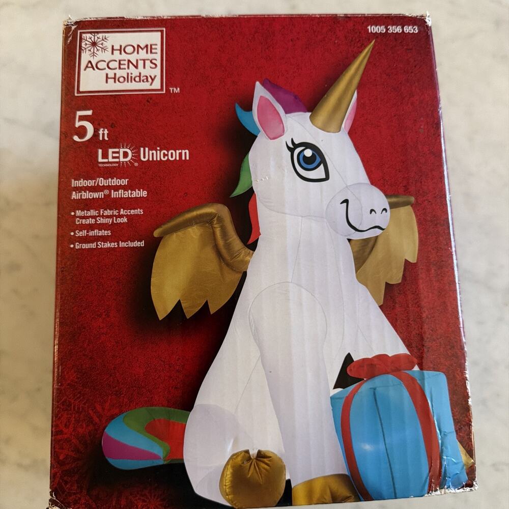 Christmas Flying Unicorn Airblown Inflatable 5'ft LED Open Box Rainbow in/out